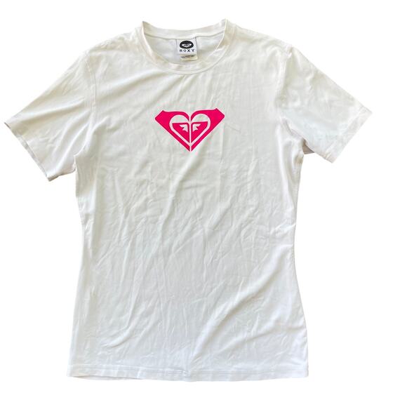 Roxy Women’s Swim Rash Guard Top White Pink Logo Size 6 Short Sleeve Surf Shirt - Picture 1 of 7